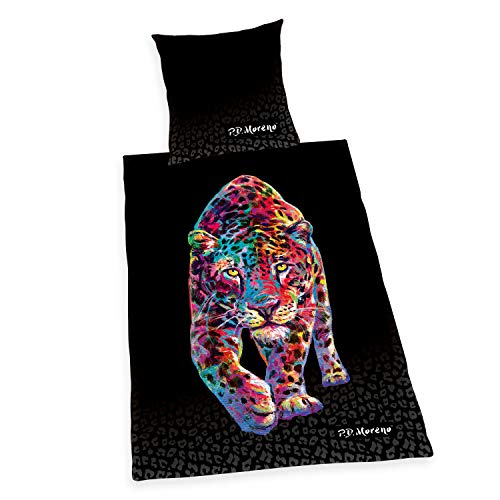 Herding P.D. Moreno  Leopard  Bettwäsche-Set, Wendemotiv, Kopfkissenbezug 80 x 80 cm, Bettbezug 135 x 200 cm, Mit leichtläufigem Reißverschluss, Baumwolle/Satin, Schwarz