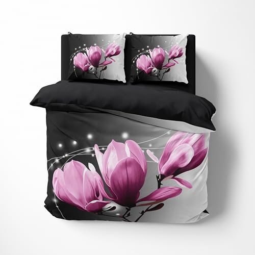 FEBE 3D Bettwäsche Lilie Blume Bettbezug-Set 135x200 + Kissenbezug 80x80 cm Wendebettwäsche 2 Teilig mit Reißveschluss