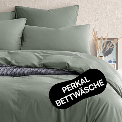 Seralino Bio Perkal Bettwäsche 135x200 Grün| Bettwäsche Perkal 135x200 inkl Kopfkissenbezug 80x80| weiche Bettwäsche Stonewashed 135 x 200| mit Reißverschluss| Bio Baumwolle