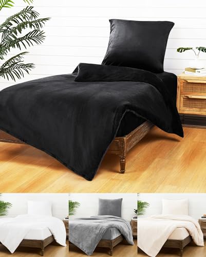 JACK Teddy Flausch Bettwäsche Uni 135x200cm Plüsch Cashmere Touch Weiß Grau Anthrazit Creme Blau Schwarz Einfarbig Warm, Farbe:Schwarz