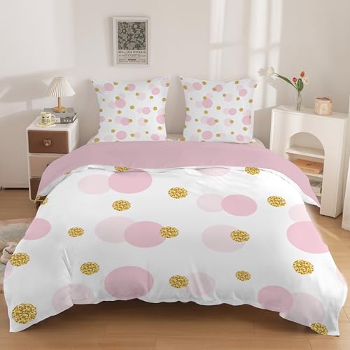 Syhi Qlty Rosa Bettwäsche 90x200 Kreise und Punkte Bettbezug 90x200 Kinder mit Reißverschluss Wendebettwäsche Gold Bettwäsche-Sets und 2 Kissenbezug 80x87cm W14