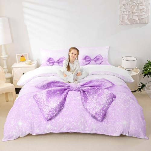 Homemissing Lila Glitter Bowknot Bettwäsche Set Jungen Mädchen Bogen Bettwäsche Set 135x200cm atmungsaktive weiche Träumige Prinzessin Bettbezug Set 2 Stück Aquarell Schlafzimmer Dekor