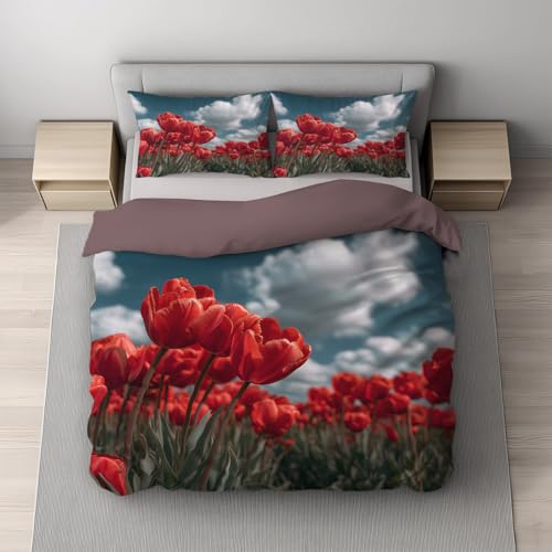 Generisch Weinrot Bettwäsche Realistisch Bettbezug-Set 180 x 200 cm + 2 Kissenbezüge 80 x 80 cm, Hochwertiges Microfaser Wendebettwäsche mit Reißveschluss, Tulpe Blumenfeld Blauer Himmel