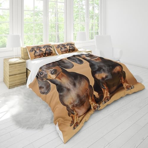 Zwei Dackel Machen Zusammen EIN Foto 3D-Druck Erwachsene Kinder Bettbezug 3-teilig 155x220cm Braun Bettwäsche Set Weich und Bügelfrei mit Reißverschluss Mikrofaser Bettbezug mit Kissenbezug 80x80cm