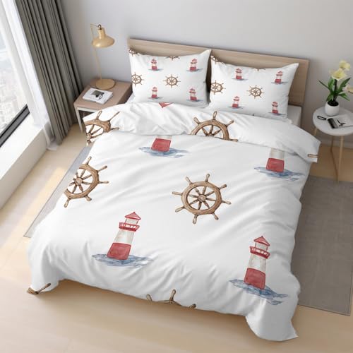 Generisch Leuchttürm Bettwäsche 135x200, Bettbezug Küste Schiffssteuerrad 2teilig, 1 Wendebettwäsche + 1 Kissenbezug 80x80 Weich Mikrofaser, Schlafzimmer Deko & Geschenk BhT31