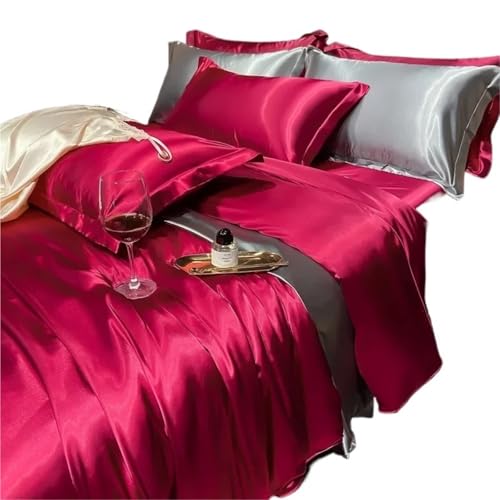 SUBLXPoten Seidenbettwäsche Set Bettwäscheset aus massiver Seide mit Bettbezug, Bettlaken, Kissenbezügen, Kingsize, Einzel- und Doppel-Paar-Kissenbezug(W ine Red,Twin Size 3pcs)
