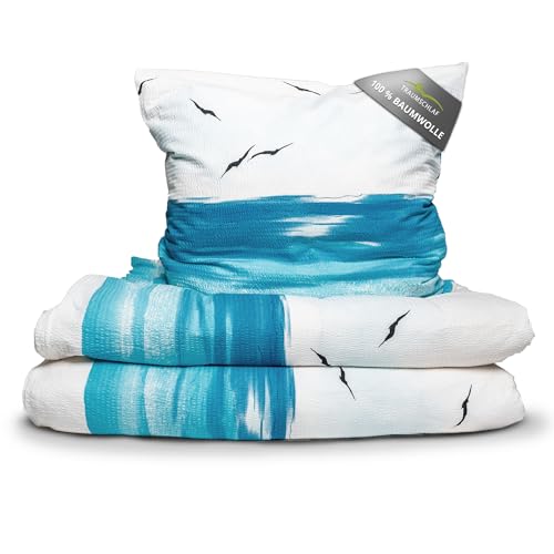 Traumschlaf • Seersucker Bettwäsche Set • Bügelfrei• luftig leichte Sommer-Bettwäsche im Maritimen Look• 135x200 cm + 80x80 cm