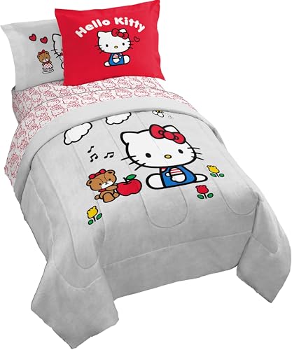 Jay Franco Sanrio Hello Kitty Bettwäsche-Set für Doppelbett, 5-teilig, inkl. Bettlaken-Set und Kissenbezügen, superweiche, gemütliche Kawaii-Bettwäsche, Rot und Grau