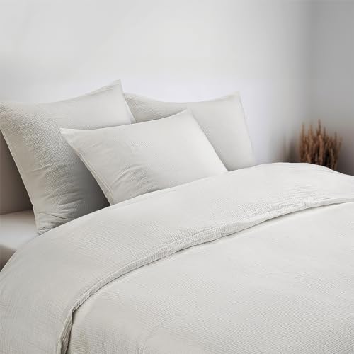 Bellevue Musselin Bettwäsche 135x200 80x80 cm 2teilig Weiß, Premium Baumwolle, atmungsaktiver Bettbezug, optimaler Temperaturausgleich, bügelfreie Bettwäsche, Allergiker Geeignet, Geschenkidee