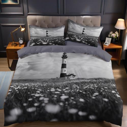 Grau Bettwäsche Set 200x200 cm 3 teilig Mikrofaser Bettbezug Leuchtturm und Blumenmeer weiche Allergiker Bettwäsche mit Reißverschluss für Doppelbett
