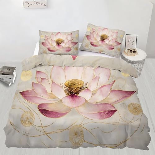 Lotus-Bettbezug, rosa Blumen, Einzelbett-Bettwäsche-Se t, orientalische Landschaft, Bettbezug, 3-teilig, Schlafzimmer, Kinderdekoration mit 2 Kissenbezügen