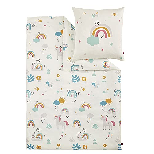 s.Oliver Kinderbettwäsche Einhorn 135x200 cm - 100% Baumwolle, praktischer Reißverschluss & maschinenwaschbar, Bettwäsche für Kinder Regenbogen 2tlg. bunt