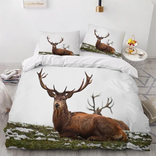 Bettwäsche 200x220 Elch 3D Druck Bettbezug 200x220 Wilde Tiere Bettwäsche-Sets Weiche Mikrofaser Bettwäsche Set 3 Teilig Bettbezüge für Doppelbett mit 2 Kissenbezüge J-265