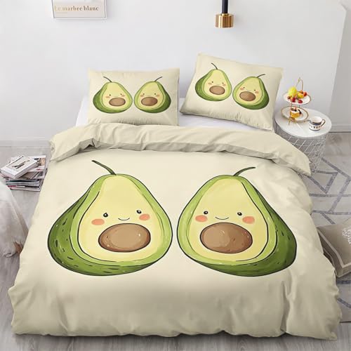 Avocado Deko - Avocado Bettwäsche 135x200 Winter, Süße Cartoon Frucht Bettbezug 135 x 200 2er Set mit 1 Kissenbezug 80x80, Weiche Mikrofaser Winterbettwäsche mit Reißverschluss I#&14