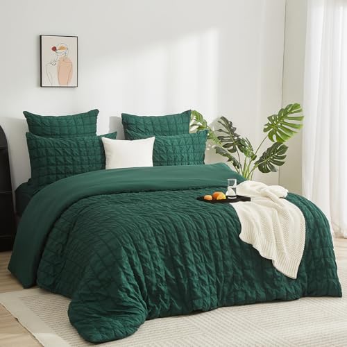 Boqingzhu Seersucker Bettwäsche Set Grün Dunkelgrün 135x200cm Atmungsaktiv Kühlend für Sommer Bettbezug & Kissenbezug mit Reißverschluss