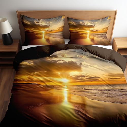 Bettbezug Strand Mit Goldenem Sonnenuntergang Bedrucktes Bettwäsche-Set 135 x 200 cm, Bettbezug mit Reissverschluss, für Kinder und Erwachsene Strand und Meer Bequem und Atmungsaktiv Bettbezüge
