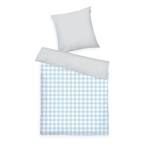 Tom Tailor Flanell-Bettwäsche, 80x80 cm + 135x200 cm, 100% Baumwolle/Flanell, mit Wendemotiv und farbigem Reißverschluss, Classic Check Grau, Hellblau (Light Grey & Sky Blue)