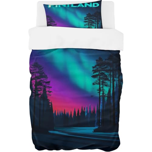 YISUMEI Bettwäsche 135x200 Set - Finnischer Aurora-Wald - Mikrofaser Bettbezug 2er Set 135x200 cm + 1 Kissenbezug 80x80 cm