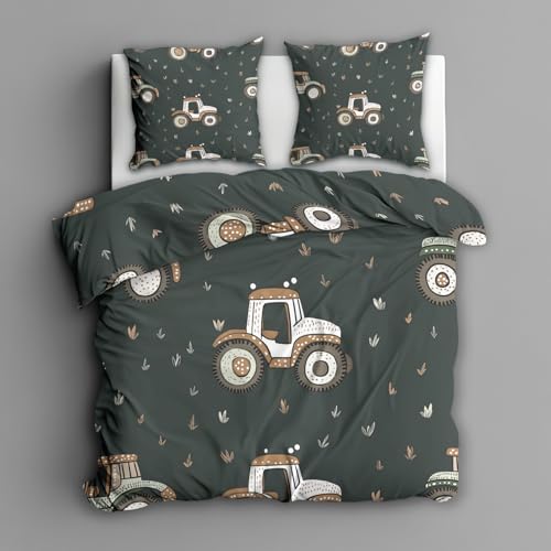 Generisch Traktor Bettwäsche 135x200 Cartoon Bauernhof Motiv 2tlg, Weiche Mikrofaser Bettbezug & 1 Kissenbezug 80x80, Wendebettwäsche für Schlafzimmer Deko, Geschenke (U22)