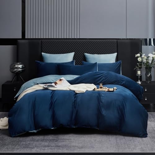 Gezu Bettwäsche Winter Warme Plüsch 200x200cm Blau Hellblau Wendebettwäsche Flanell Fleece Kaschmir Touch Flauschiger Warmer Stoff Samt Bettbezug 200 x 200 mit 2 Kissenbezug 80x80 mit Reißverschluss
