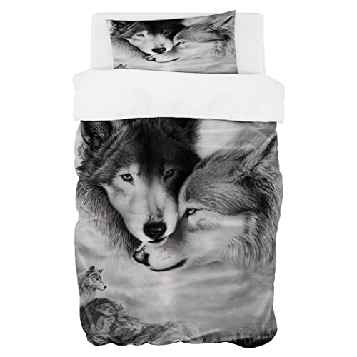 Zomer Bettwäsche Set 135x200 cm 2teilig Bettbezug Mikrofaser Bettwäsche Deckenbezug mit Schwarzer und weißer Wolf Motiv - 1 Flauschige Bettdeckenbezug und 1 Kissenbezug 80x80cm