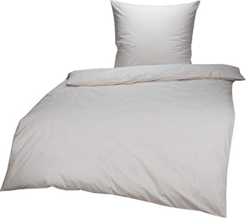 Lorena Mako Batist Bettwäsche Basel Mini Steifen Beige, 155x220 cm + 80x80cm, 100% Baumwolle