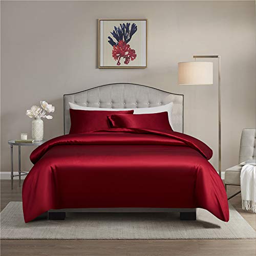 Gnomvaie Luxus Satin Bettbezug 200x200 cm, 3 Teilig Weinrot Glatt Glänzend Seidig Angenehm Glanzsatin Polyester Bettwäsche Set mit Kissenbezug 80x80cm