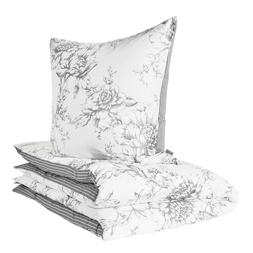 Zeitgeist Ibena Cholet Bettwäsche 155x220 cm – Baumwoll Bettwäsche-Set 2 TLG. Blumen und Streifen grau weiß, mit Reißverschluss 1x 155x220 cm + 1x 80x80 cm