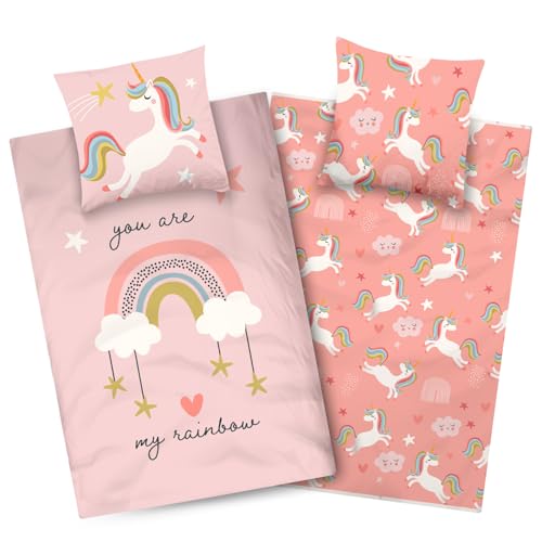 Aminata kids Bettwäsche Einhorn 135x200 Baumwolle Regenbogen Mädchen Einhornmotiv Kinder-Wende-Bettwäsche- Set rosa Wolke & Sterne