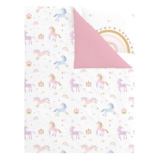 FEKOHIPY Bettwäsche 135x200 Kinder Einhorn Mädchen Kinderbettwäsche Rosa Regenbogen 3D-Druck Mikrofaser Bettbezug mit Reißverschluss und 1 Kissenbezug 80x80cm 2-teilige Kinderbettwäsche-Set
