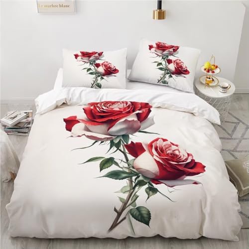 YZQGLHP Rot-weiße Rose Bettwäsche 135x200cm, Pastoraler Stil Bettbezug Wendebettwäsche, Weich Mikrofaser Bettwäsche-Sets mit Reißverschluss und 2 Kissenbezüge 80x80cm