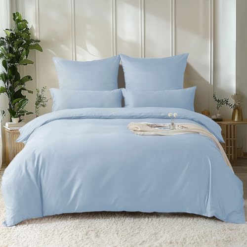 SOULFUL Bettwäsche 200x200 Baumwolle Satin,100% Langstapelige Baumwolle Seidig Luxus Bettwäsche-Set mit Reißverschluss, Oeko-Tex Zertifiziert,1 Bettbezug 200x200 & 2 Kissenbezug 80x80,Hellblau