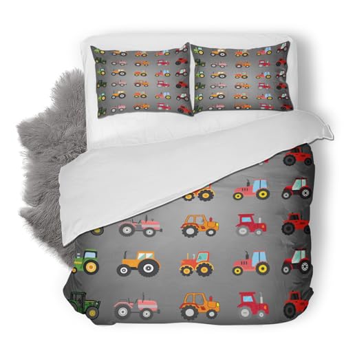 Karikatur Traktor Bettwäsche Set 155x220 cm Weich Mikrofaser Bauernhaus Bettwäsche-Set mit Reißverschluss 3 Teilig Bettbezug mit Kissenbezug 80x80 cm