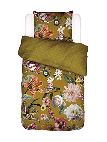 ESSENZA Bettwäsche Filou Olive Satin Blumen Blüten Dahlien Tulpen Floral Geblümt Grün, Größe:155 cm x 220 cm