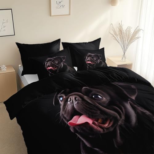 CozyRest Bettwäsche 100 x 135 cm Schwarzer Mops Wendebettwäsche Set 2 Teilig Superweiches Gewaschene Microfaser Deckenbezug Schwarz Bettbezug mit Reißverschluss und 1 Kopfkissenbezug 40 x 60 cm