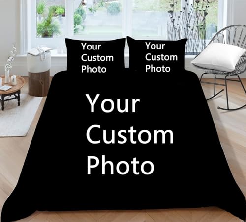 PEIHUODAN Personalisierte Bettwäsche Set Schwarz, Personalisierte Angepasste,Foto Bettbezug Kissenbezüge Baby Pet Hund Katze Gamer Individuell in 5 Vier Jahreszeiten (135x200 cm)