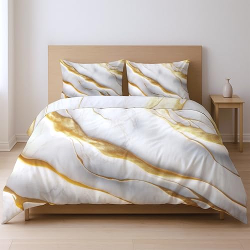 Bettwäsche 155 x 220 cm 3teilig Weiß Gold - Bettbezug 155 x 220 cm 2er Set mit Kissenbezüge 80x80 cm Atmungsaktiv Leicht Anti-Pilling bettwäsche mit Reißverschluss Luxuriös Landschaft Marmor