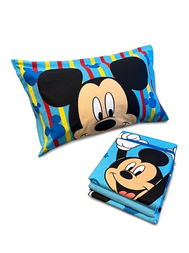 hermet Bettwäsche-Set für Einzelbett, Flanell, Mickey Mouse, 100% Baumwolle, 3-teiliges Set, Bettlaken + Spannbettlaken + Kissenbezug, Einzelbett