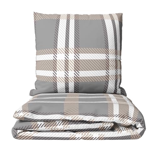 Leonado Vicenti Flausch Bettwäsche Grau Beige modern gestreift Kissenbezug 80x80 cm Deckenbezug mit Reissverschluss, 2teilig, 135x200 cm