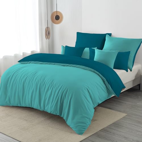 Nesture Bettwäsche 135x200 2teilig Türkis/Petrol Bettwäsche Sets Microfaser Wendebettwäsche 135 x 200, weich & bügelfrei 1 Bettbezug + 1 Kissenbezug 80x80cm mit Reißverschluss
