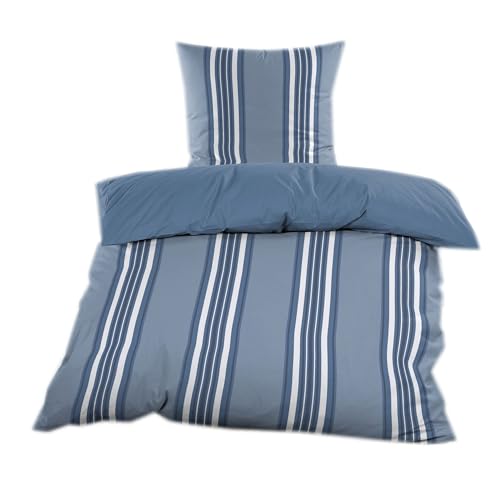 Casa Colori Renforce Wende Bettwäsche 135x200 cm 2 TLG. Bettgarnitur 100% BW Blau Weiß gestreift