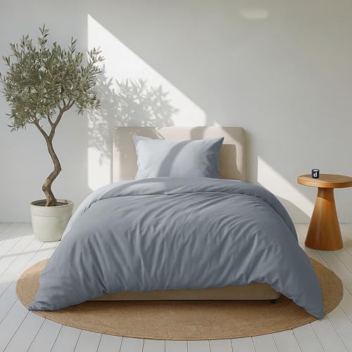 Dreamzie Bettwäsche Set 135x200 Mako Satin - Grau - 1 Bettbezug 135x200 cm mit 1 Kissenbezug 80x80 cm - Oeko-Tex Zertifiziert - Bettwäsche 135x200 Baumwolle 2teilig