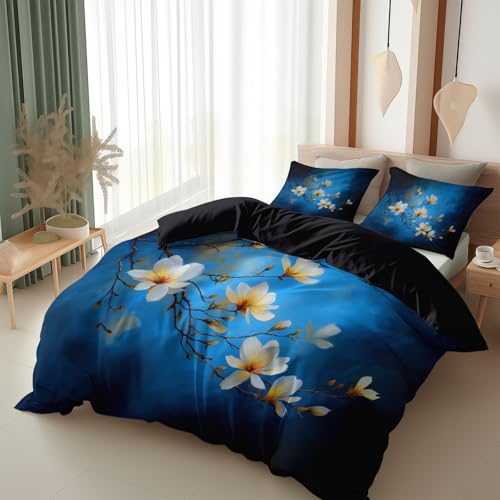 Srigzcaly Bettwäsche Set 200x200 cm Elegant Äste Weiße Magnolie Weiche Microfaser Bettbezug Set, für Jungen Mädchen - Schwarz Betten Set mit Reißverschluss und Kissenbezüge