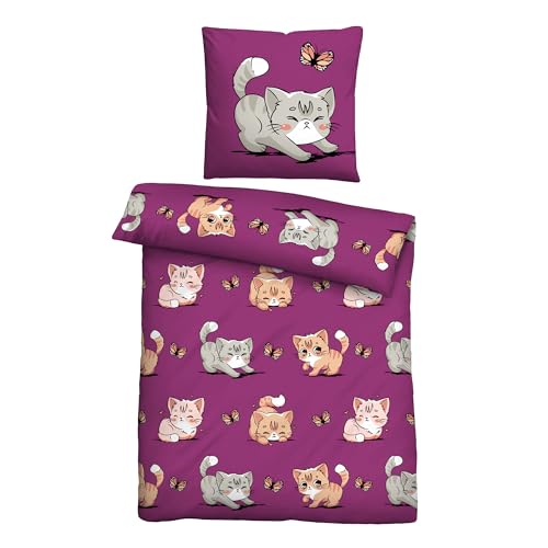 Bestlivings Bettwäsche-Set 2-TLG (Bettbezug 135x200 cm + Kissenbezug 80x80 cm) Kinder Microfaser Satin- Kinder- / Jugendbettwäsche mit Motiv - Katze - ÖKO Tex Standard 100
