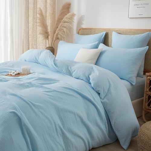 Luofanfei Baumwolle Muslin Bettwäsche 135x200 Blau Hellblau Renforce Uni Sommer Kühlende Bettwäsche Set Einfarbig Weiche Bettbezug Knitterlook Bügelfrei mit Reißverschluss und Kissenbezug 80x80cm