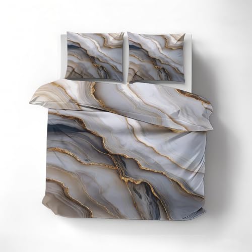 Generisch Bettwäsche 200x200 Grau Gold Marmor Bettwäsche-Set Bettbezug Winter Weiche Mikrofaser Bettbezug 200 x 200 3tlg, 2 Kissenbezug 80x80, mit Reißverschluss, Schlafzimmer Deko