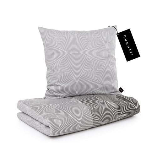bugatti Bettwäsche 155x220 cm - 100% Baumwolle, Reißverschluss, anschmiegsam, weich & waschbar, Mako Satinbettwäsche Kreise grafisch grau