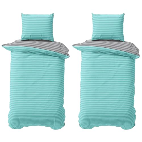 Visaggio Bettwäsche 135x200 cm 4 teilige Bettbezug Set Türkis Grau Damast Gestreift Garnitur Wendebettwäsche 70% Baumwolle 30% Polyester