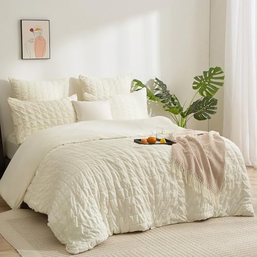 Boqingzhu Seersucker Bettwäsche Set Creme Beige Weiß 135x200cm Atmungsaktiv Kühlend für Sommer Bettbezug & Kissenbezug mit Reißverschluss