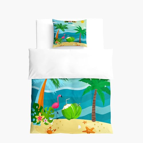 Hixingo Süße Kinder Bettwäsche-Sets aus Mikrofaser,3D Kokospalme Druck Kuschelige Bettwäsche Sets - Bettbezug mit Reißverschluss und Kopfkissenbezug, 2 Teilig (Meer,140x200CM + 50x75CM)